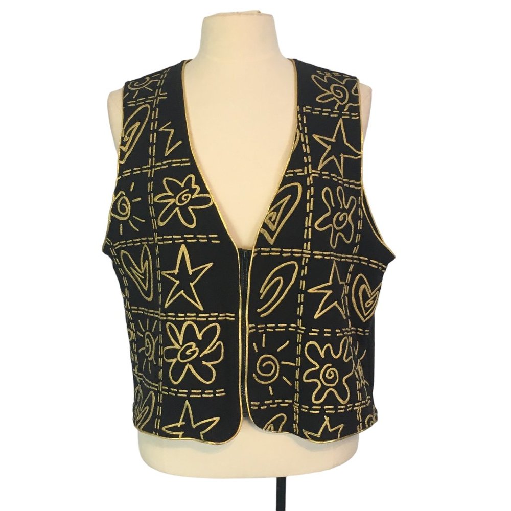 KWBL‎ Los Angeles Vintage Zip Up Black Gold Vest Stars, Sun, Hearts L